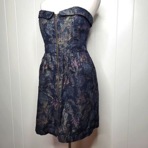 Anthropoligie Staring At Stars Metallic Brocade Floral Strapless Zip Front Dress